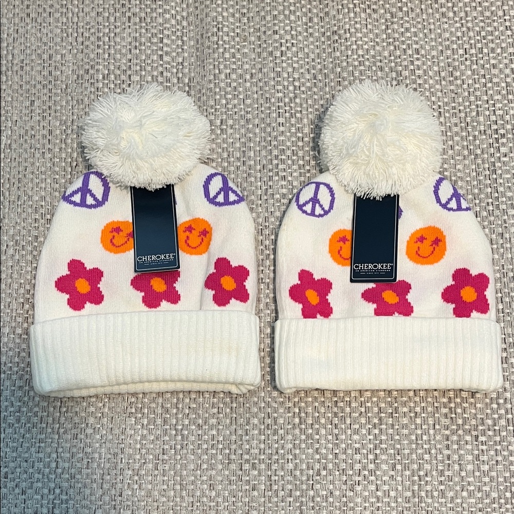 Cherokee White Beanie Set of 2 with Pink and Orange Accents